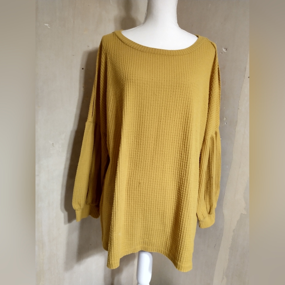 Mustard Yellow Waffle Knit Cold Shoulder Top - Picture 11 of 12